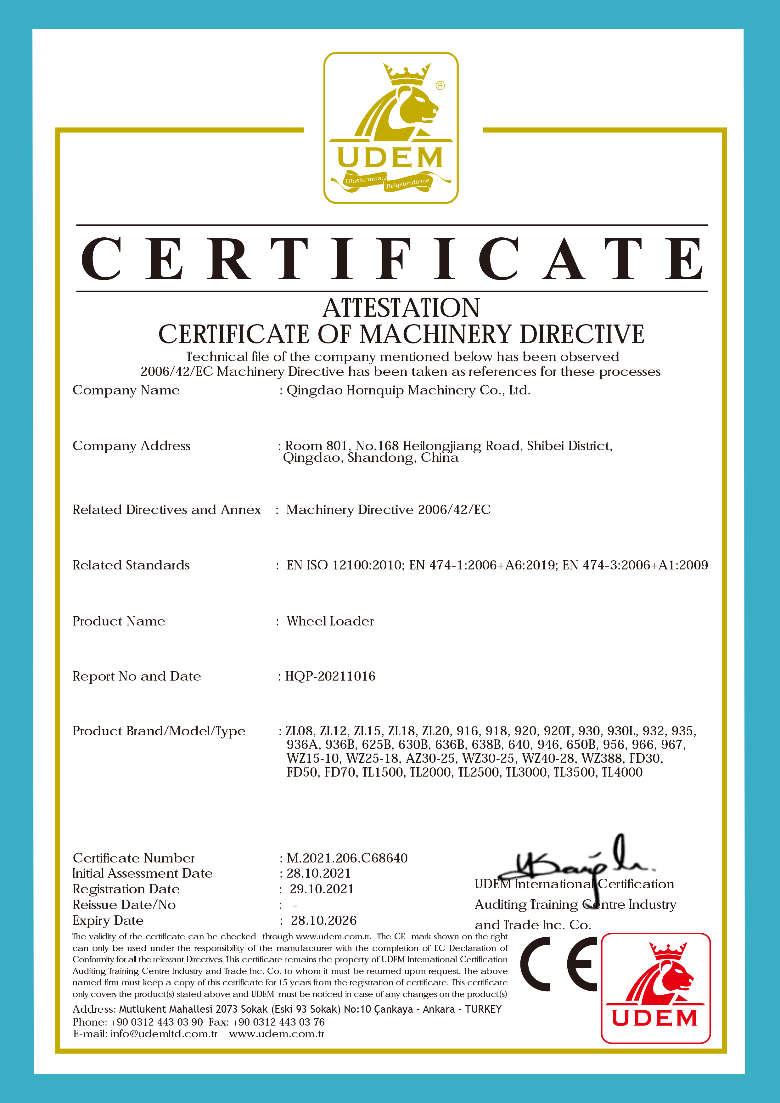 Porcellana Qingdao Hornquip Machinery Co., Ltd Certificazioni
